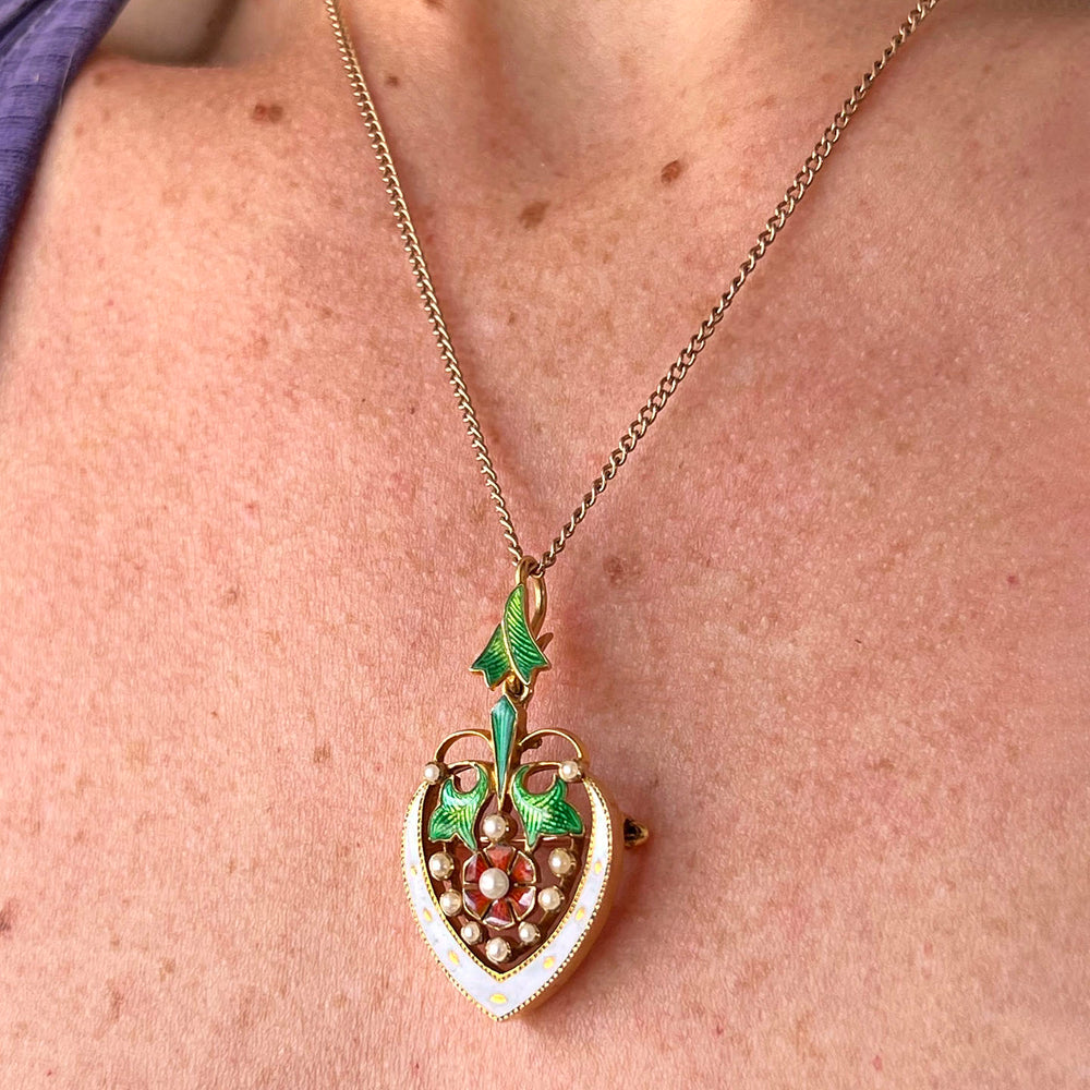 Stunning Victorian Enameled Heart Rose Pendant Brooch Pin