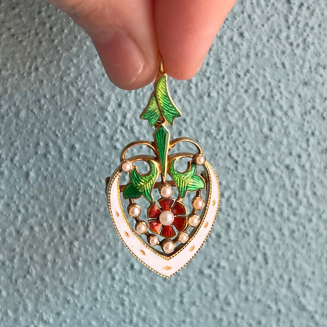 Stunning Victorian Enameled Heart Rose Pendant Brooch Pin