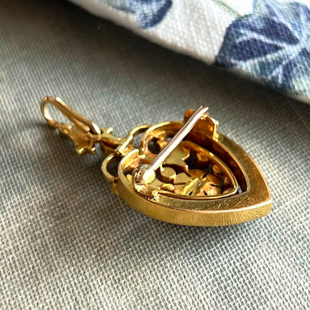 Stunning Victorian Enameled Heart Rose Pendant Brooch Pin