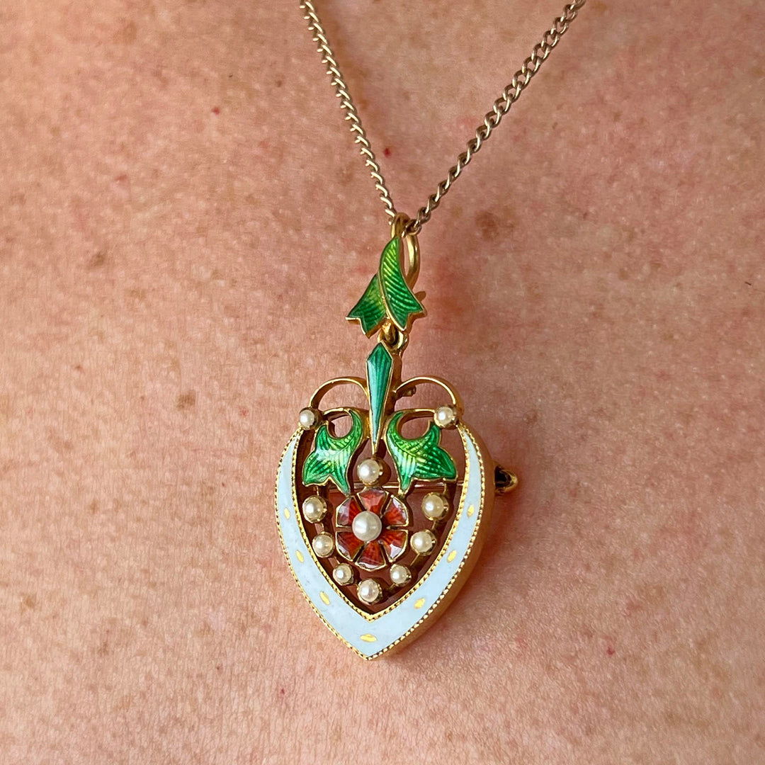Stunning Victorian Enameled Heart Rose Pendant Brooch Pin