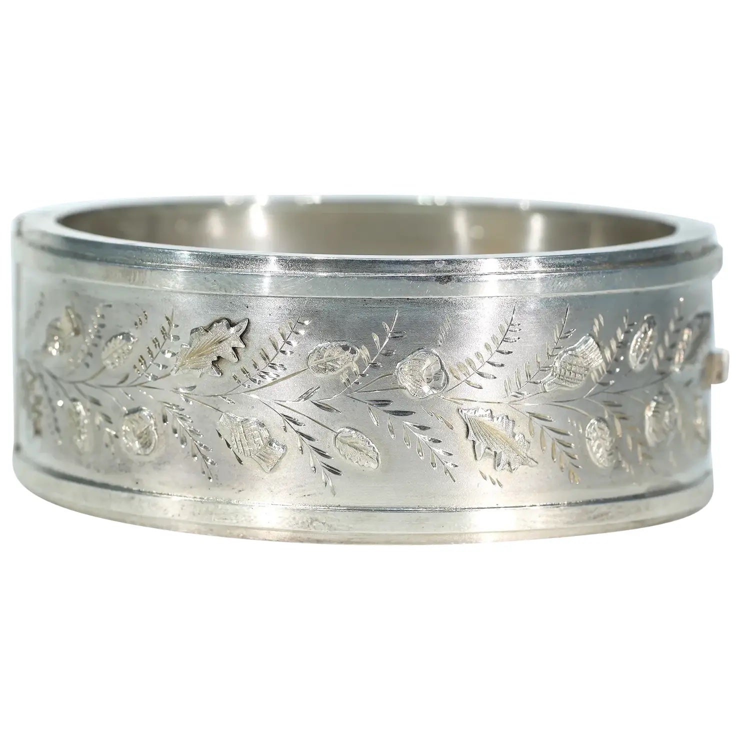 Victorian Sterling Silver Engraved Thistles Bangle Cuff Bracelet Hallmarked 1893