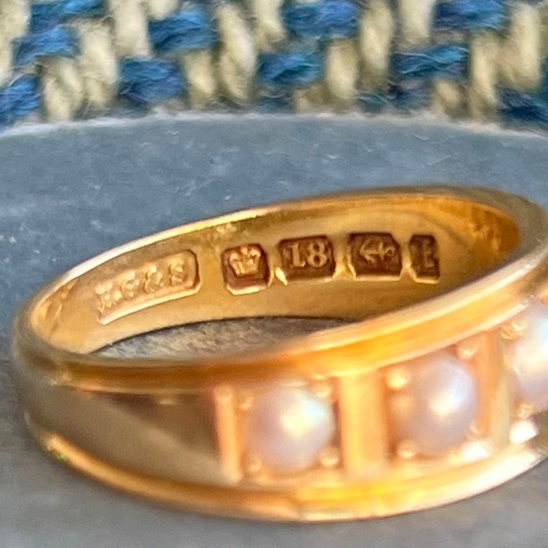 Victorian 18 Karat Gold Five Pearl Ring Birmingham 1881 Antique Pearl Band Size 6