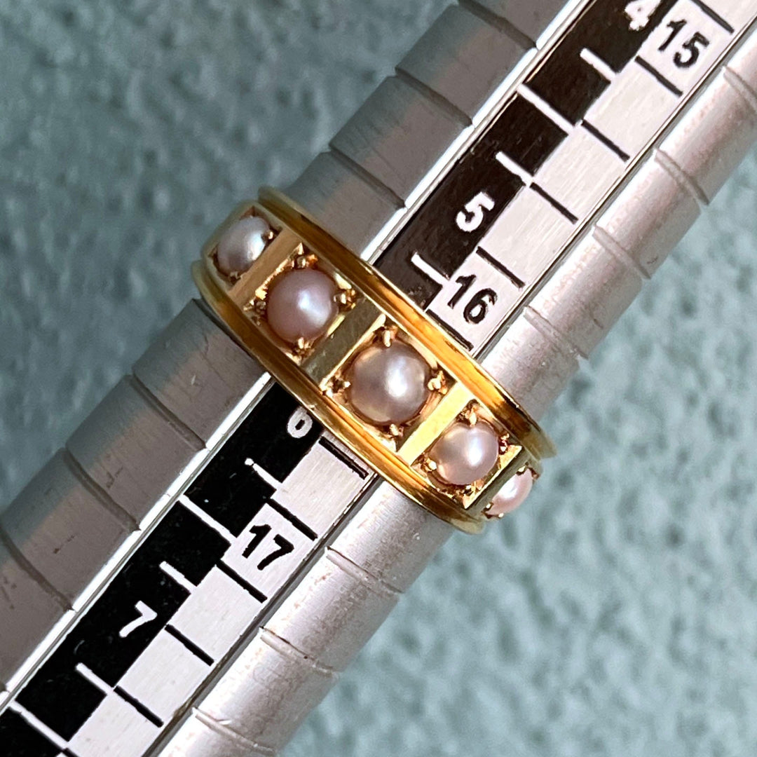 Victorian 18 Karat Gold Five Pearl Ring Birmingham 1881 Antique Pearl Band Size 6