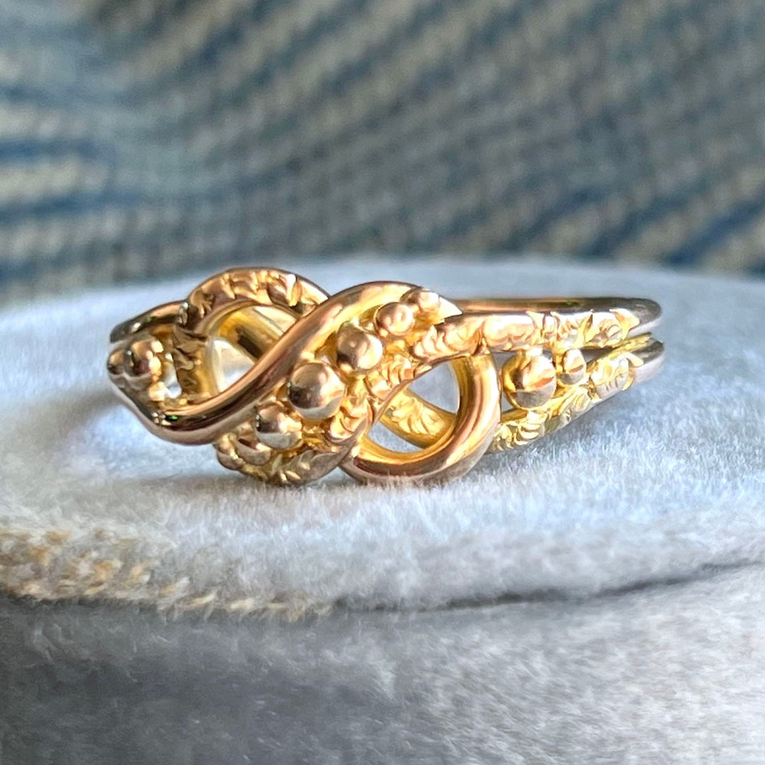Victorian 18 Karat Gold Love Knot Ring Chester 1885 Antique Gold Knot Ring Size 10.5
