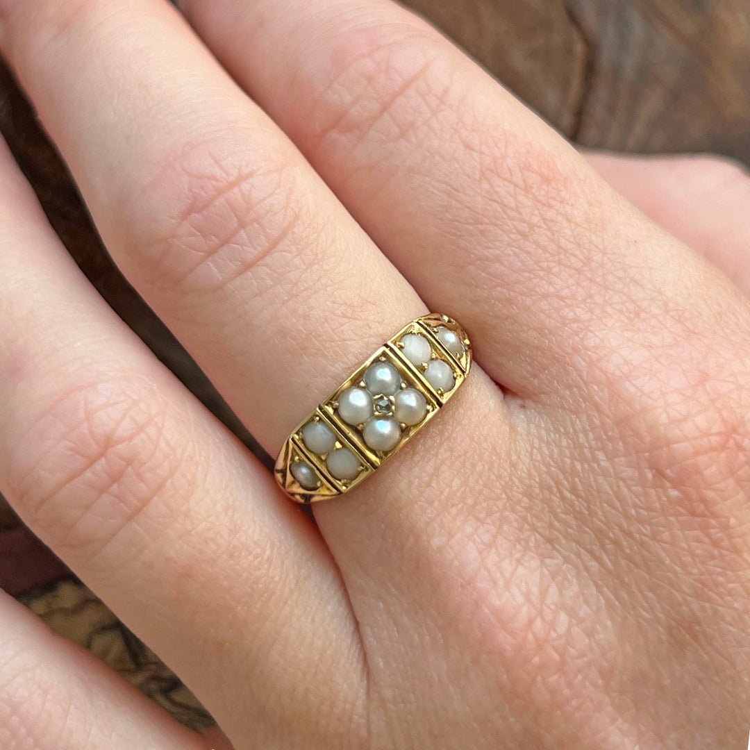 Victorian 18 Karat Gold Pearl and Rose Cut Diamond Ring, Antique Birmingham 1883