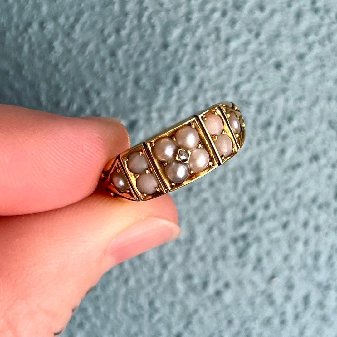 Victorian 18 Karat Gold Pearl and Rose Cut Diamond Ring, Antique Birmingham 1883