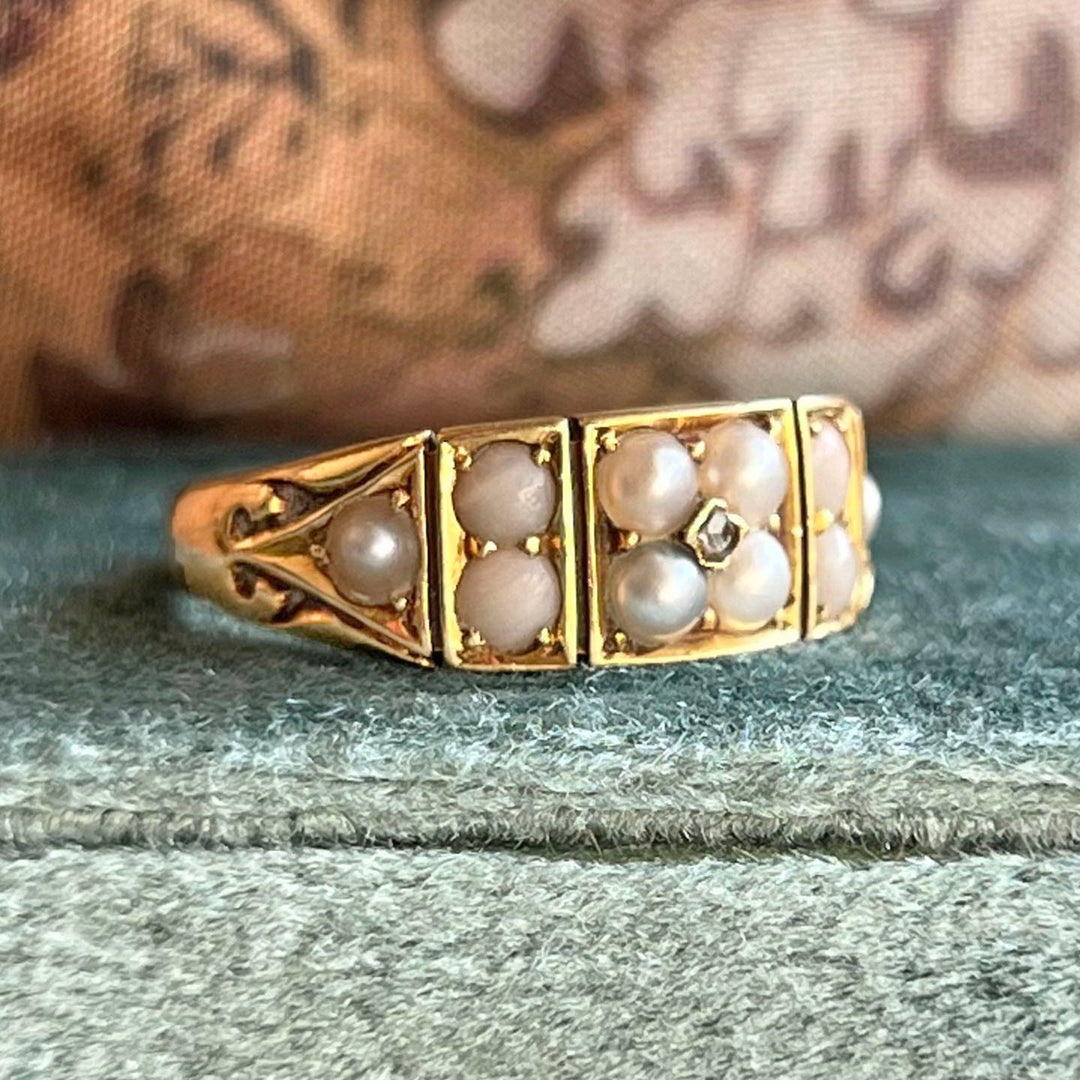 Victorian 18 Karat Gold Pearl and Rose Cut Diamond Ring, Antique Birmingham 1883