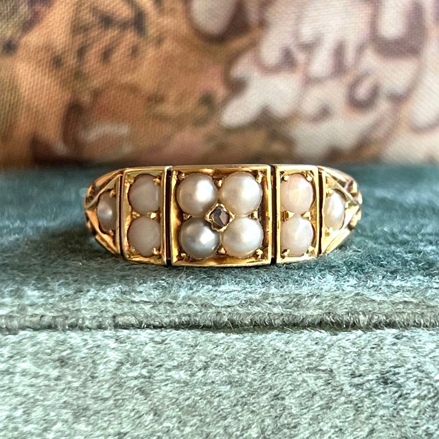 Victorian 18 Karat Gold Pearl and Rose Cut Diamond Ring, Antique Birmingham 1883