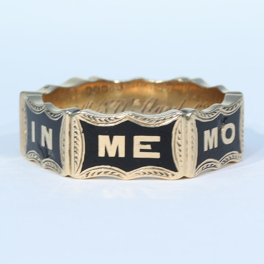 Victorian black enamel and garnet memorial ring dated 1869