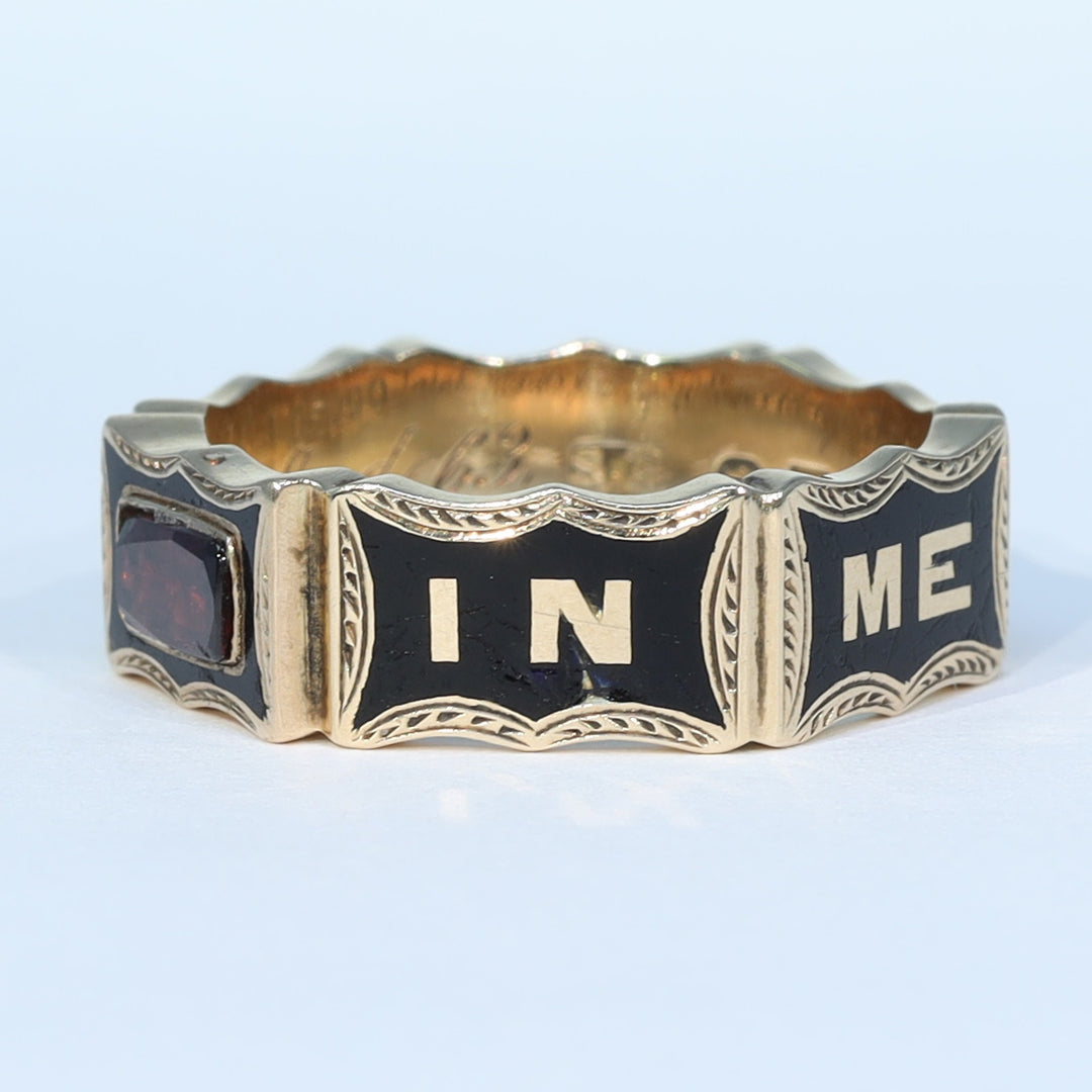 Victorian garnet ring with black enamel decoration