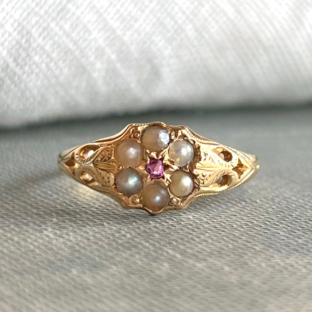 Victorian 18k Gold Pearl Ruby Cluster Ring, 1868 Birmingham