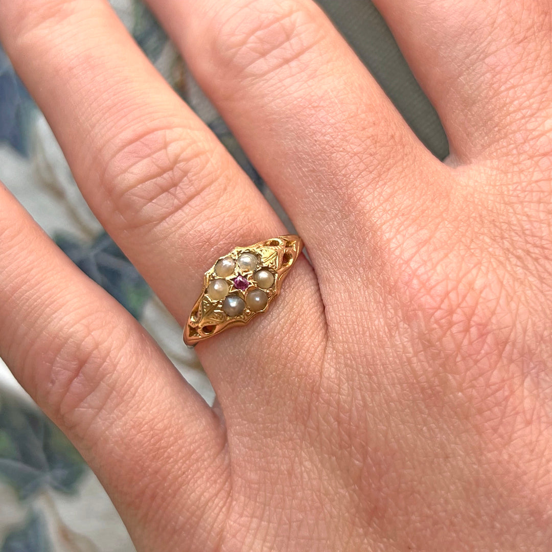 Victorian 18k Gold Pearl Ruby Cluster Ring, 1868 Birmingham