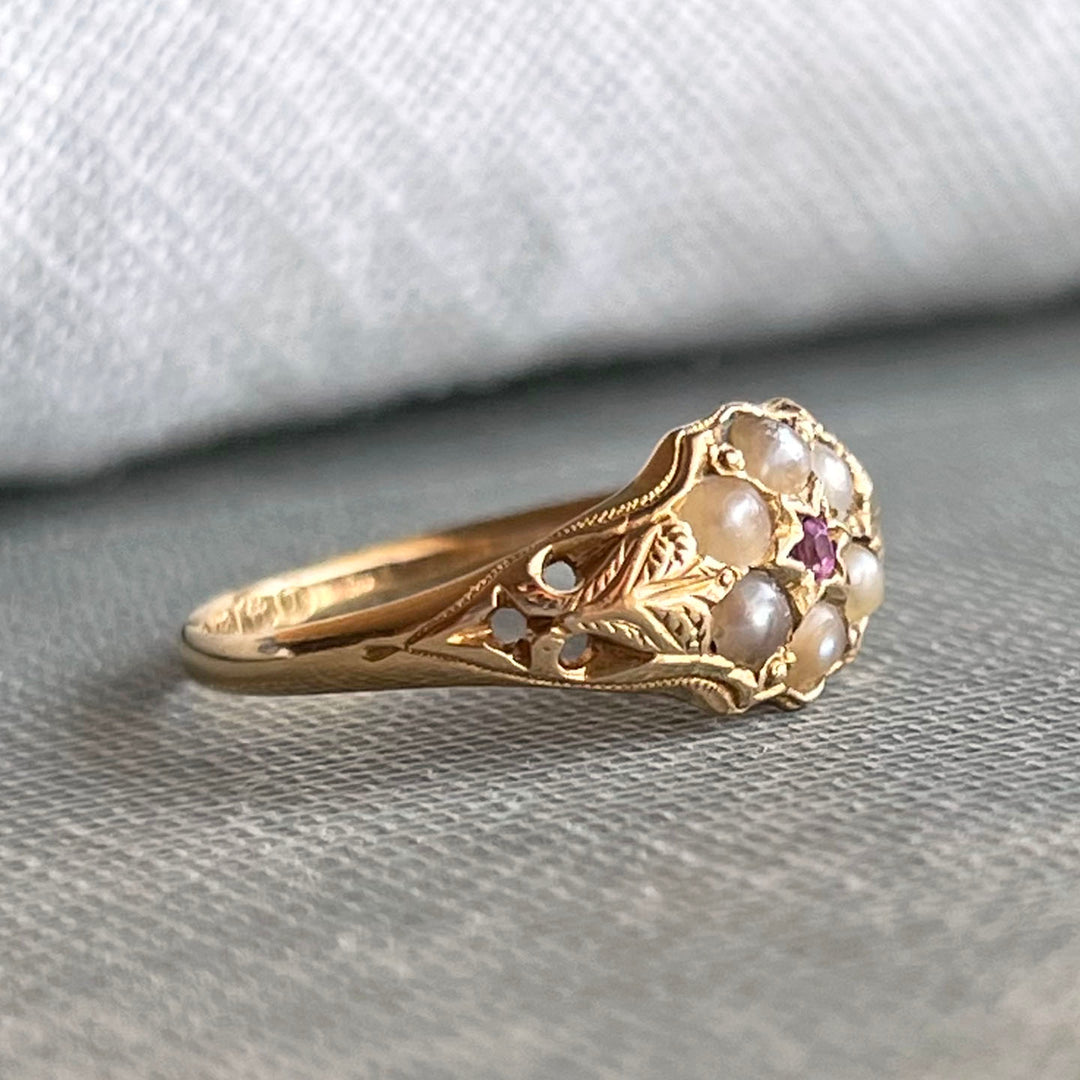 Victorian 18k Gold Pearl Ruby Cluster Ring, 1868 Birmingham
