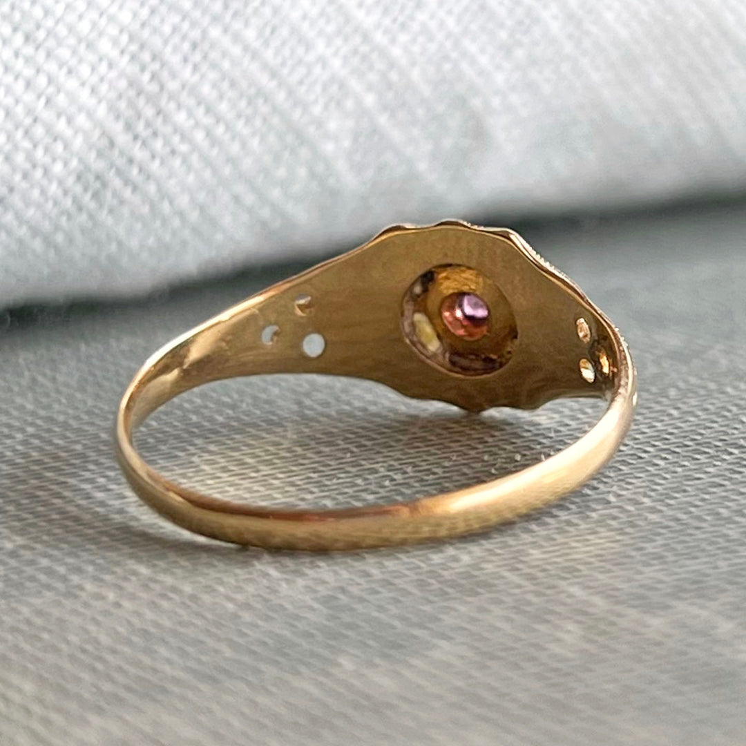 Victorian 18k Gold Pearl Ruby Cluster Ring, 1868 Birmingham