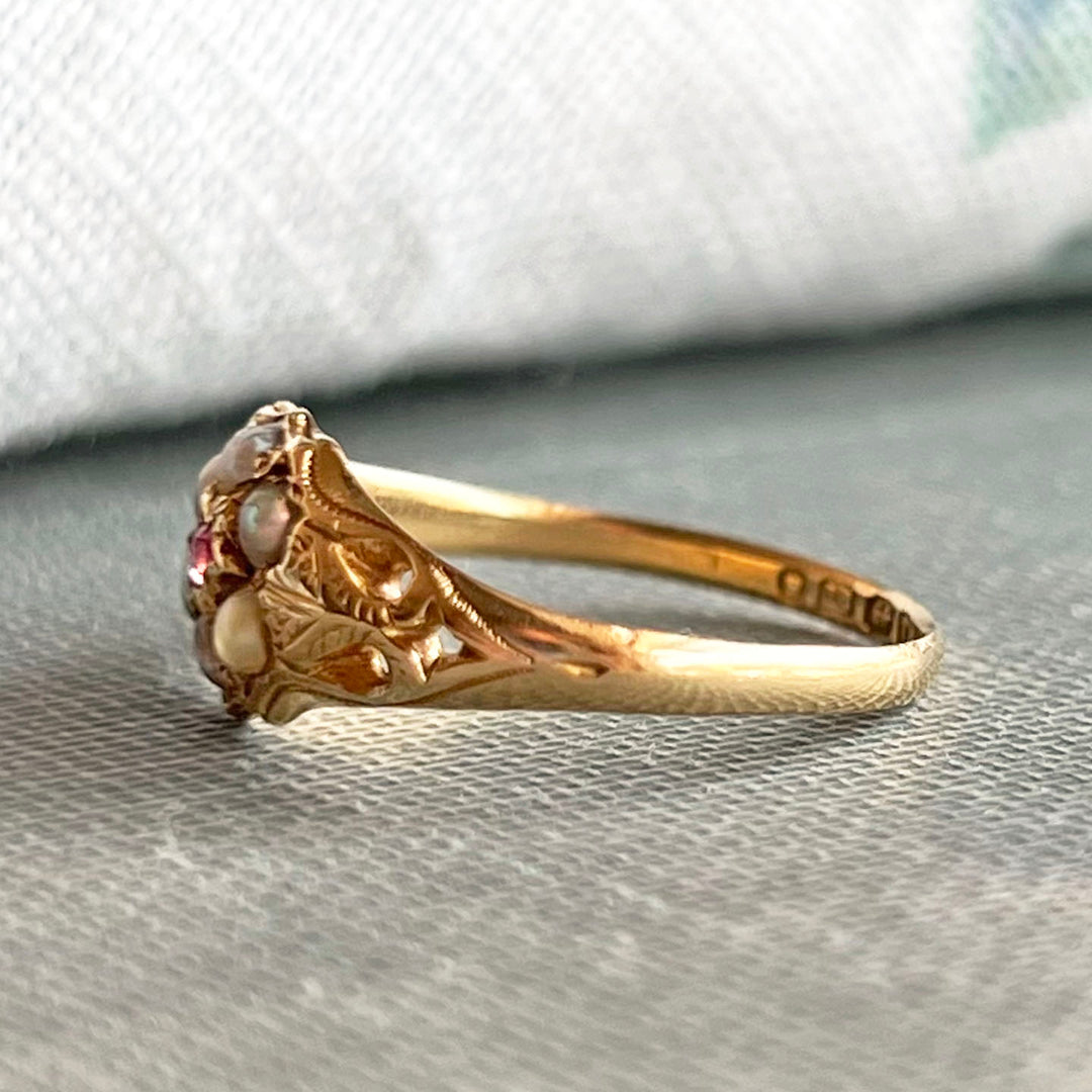 Victorian 18k Gold Pearl Ruby Cluster Ring, 1868 Birmingham