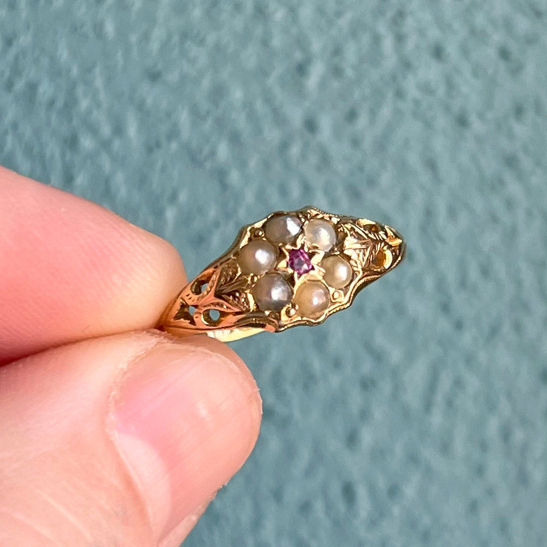 Victorian 18k Gold Pearl Ruby Cluster Ring, 1868 Birmingham