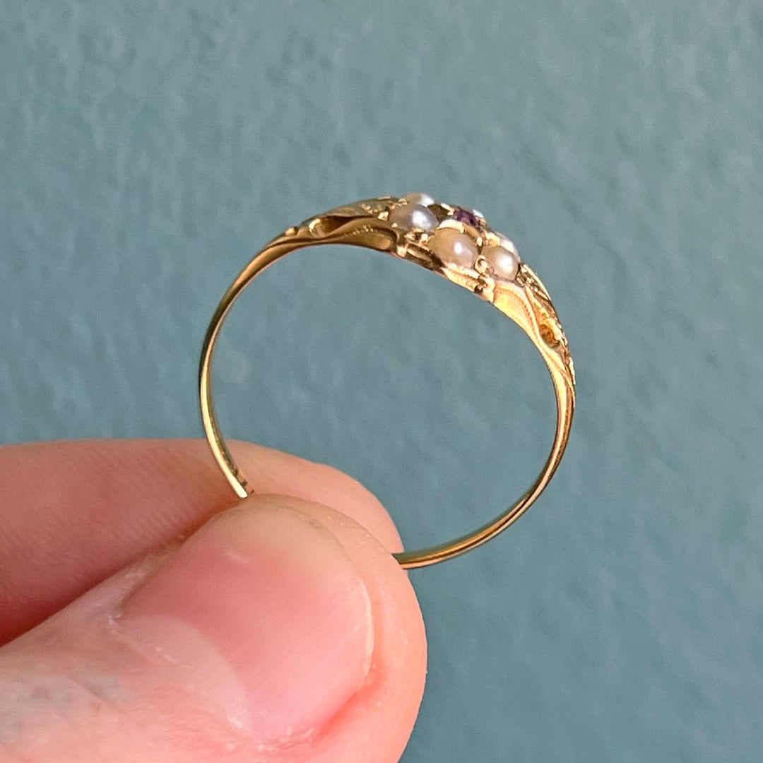 Victorian 18k Gold Pearl Ruby Cluster Ring, 1868 Birmingham