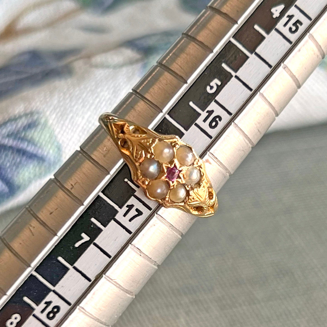 Victorian 18k Gold Pearl Ruby Cluster Ring, 1868 Birmingham