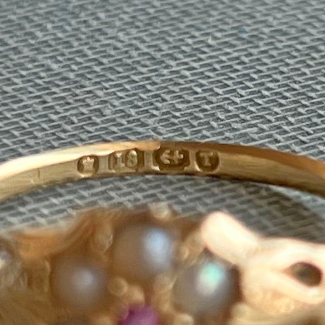 Victorian 18k Gold Pearl Ruby Cluster Ring, 1868 Birmingham