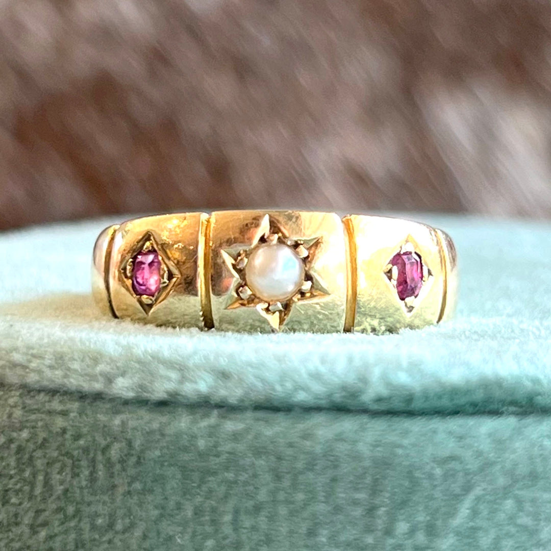 Victorian 18k Gold Ruby Pearl,Ring Birmingham 1895