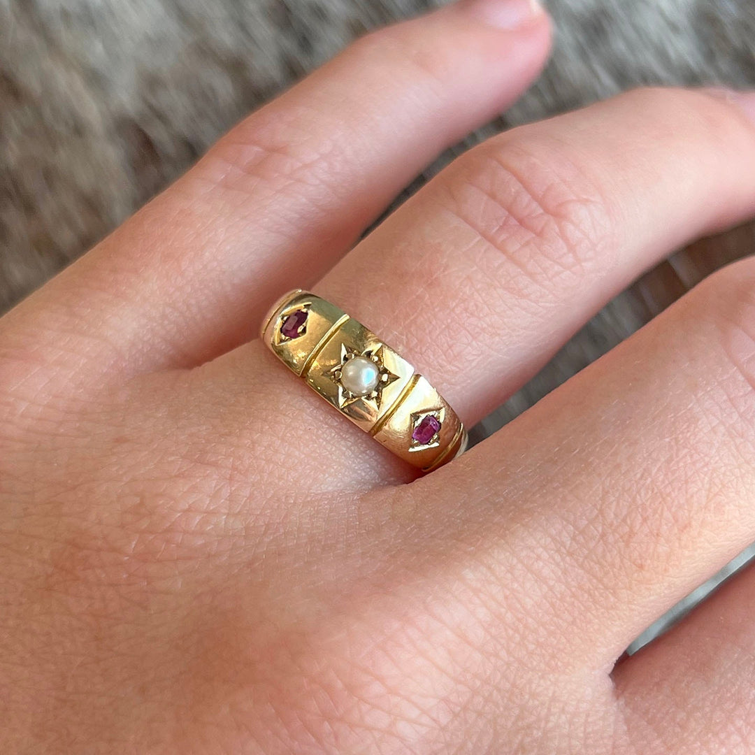 Victorian 18k Gold Ruby Pearl,Ring Birmingham 1895
