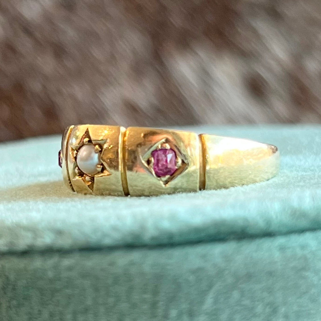 Victorian 18k Gold Ruby Pearl,Ring Birmingham 1895