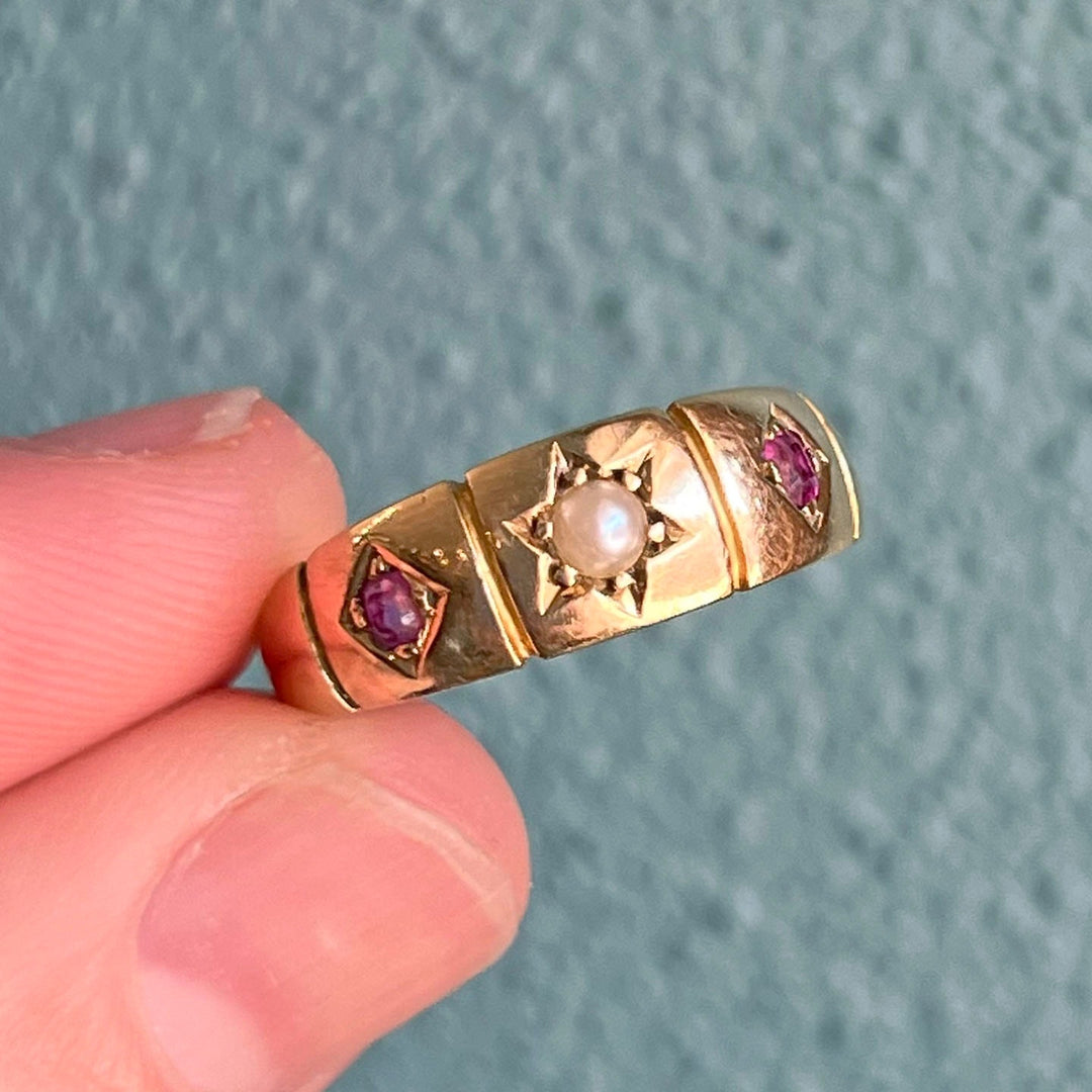 Victorian 18k Gold Ruby Pearl,Ring Birmingham 1895