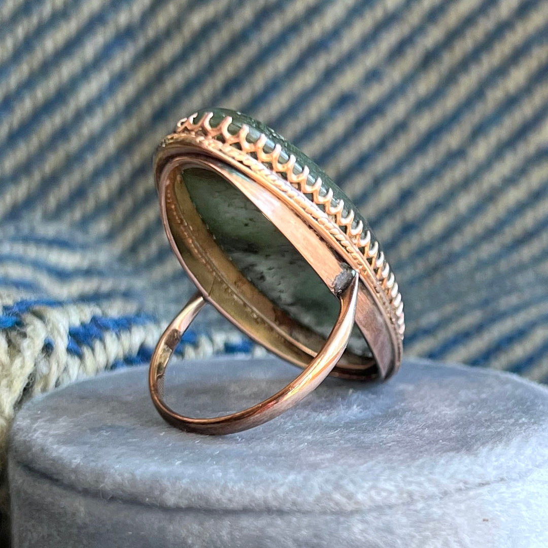Victorian 9 Karat Gold Moss Agate Ring c. 1880 Antique Large Moss Agate Ring Size 7.75