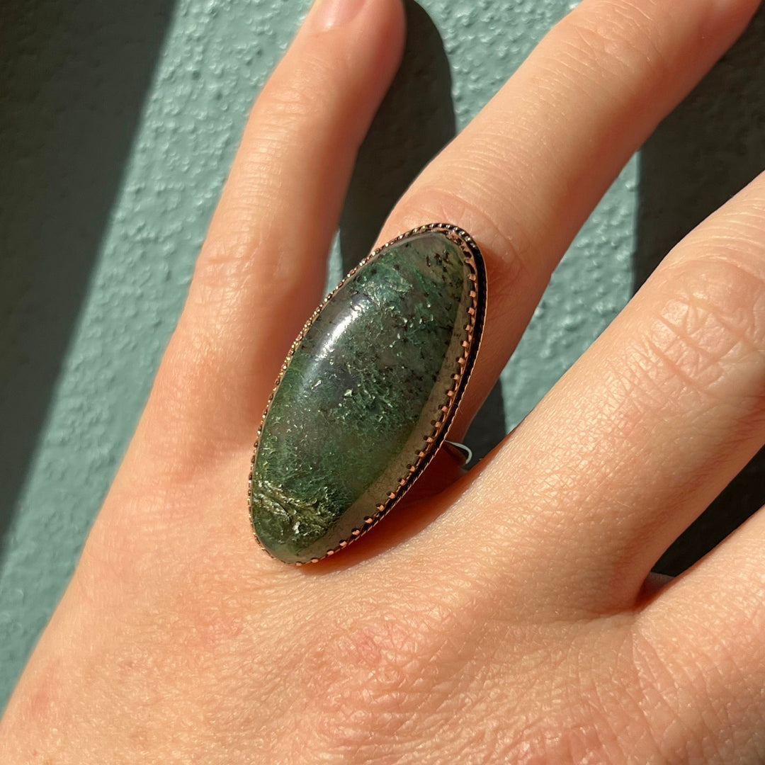 Victorian 9 Karat Gold Moss Agate Ring c. 1880 Antique Large Moss Agate Ring Size 7.75