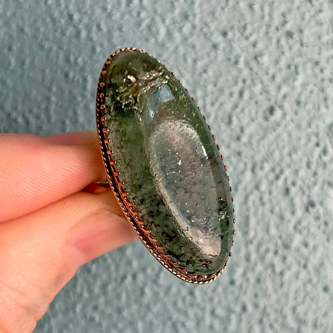 Victorian 9 Karat Gold Moss Agate Ring c. 1880 Antique Large Moss Agate Ring Size 7.75