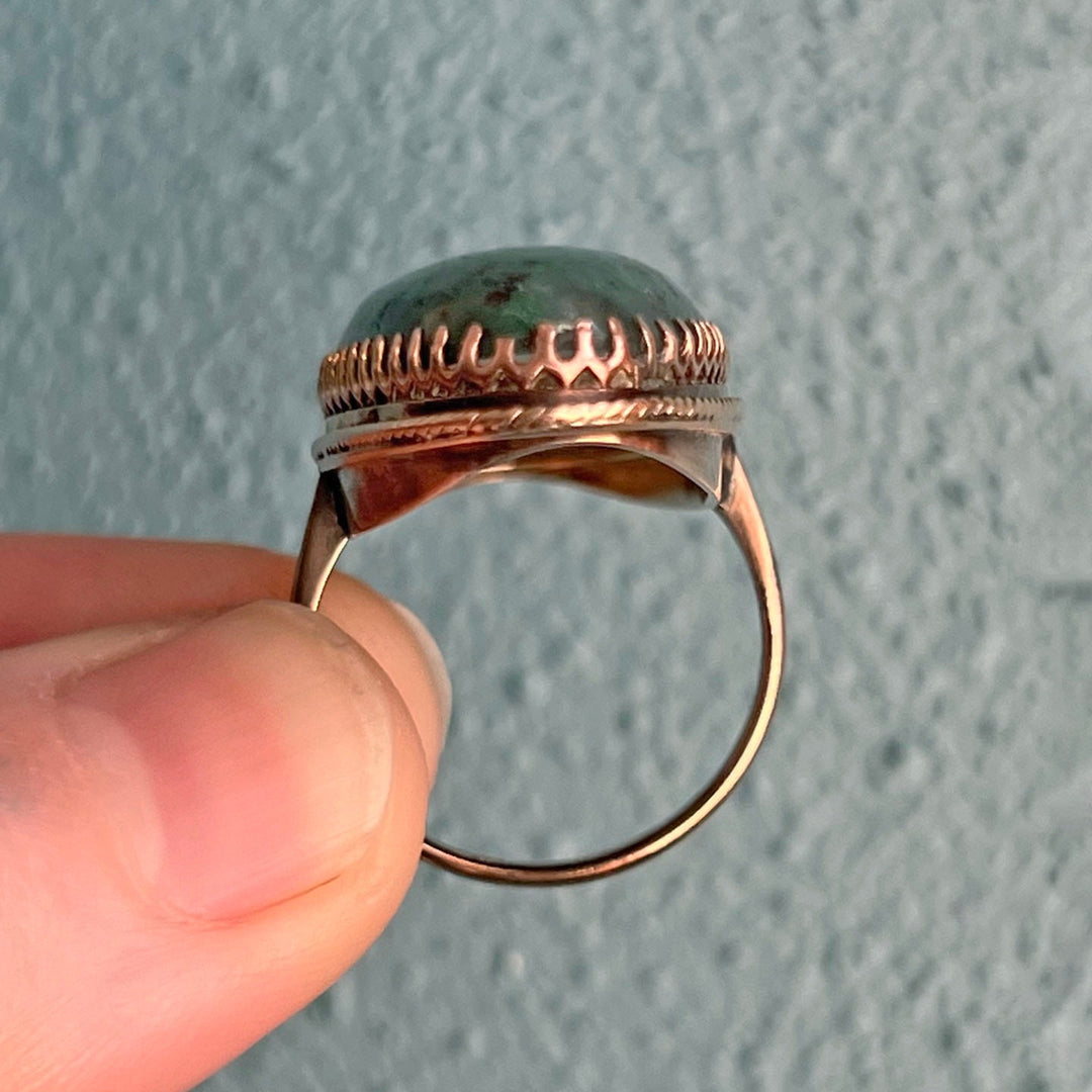 Victorian 9 Karat Gold Moss Agate Ring c. 1880 Antique Large Moss Agate Ring Size 7.75