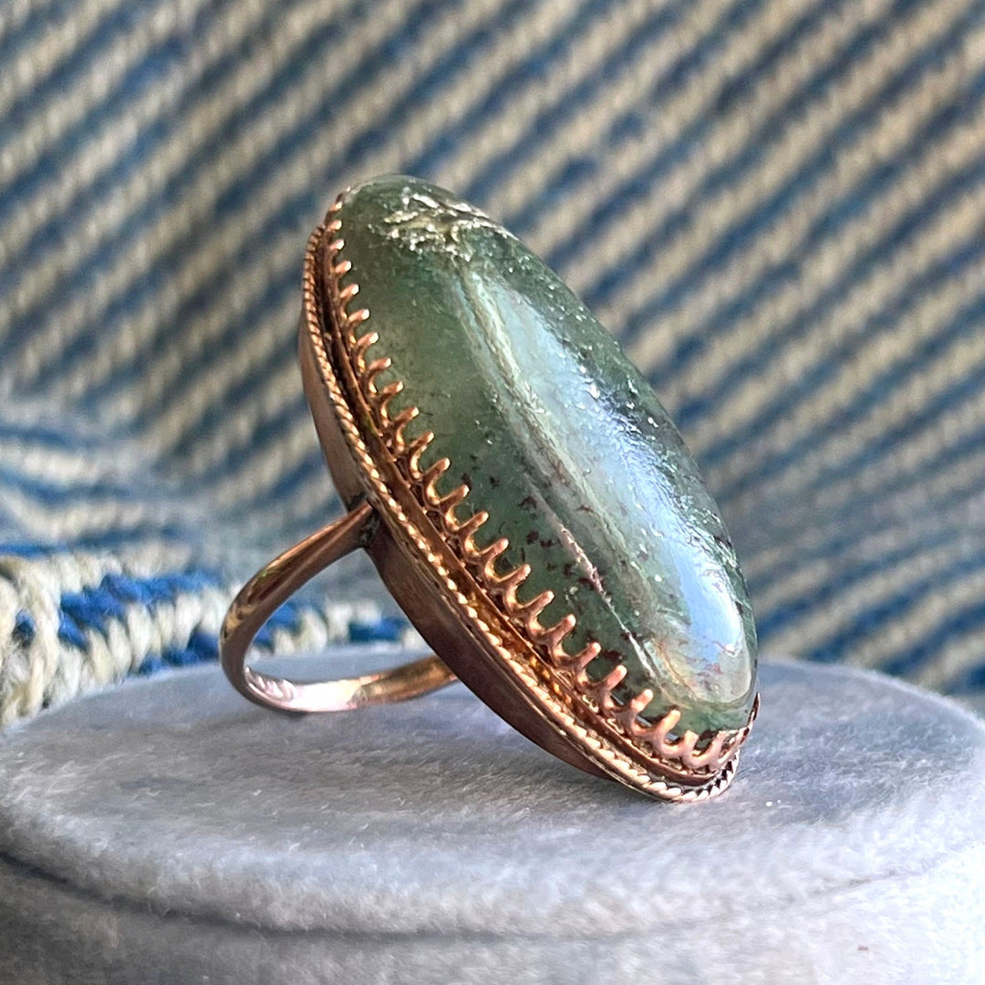 Victorian 9 Karat Gold Moss Agate Ring c. 1880 Antique Large Moss Agate Ring Size 7.75