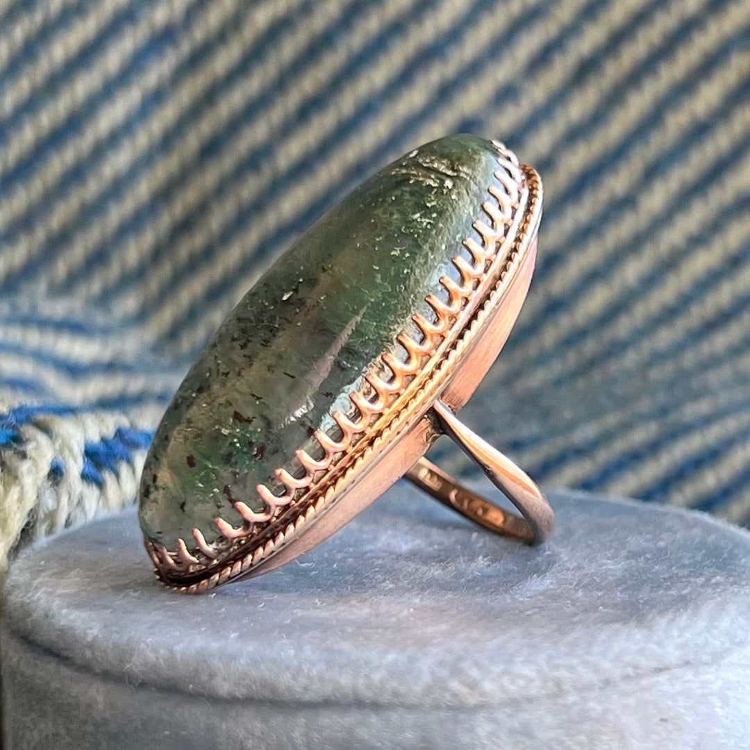 Victorian 9 Karat Gold Moss Agate Ring c. 1880 Antique Large Moss Agate Ring Size 7.75