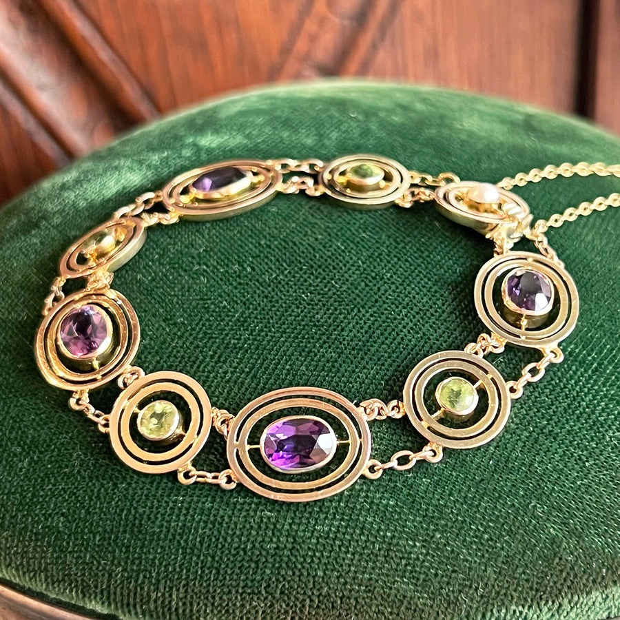 Victorian 9k Gold Suffragette Bracelet with Amethyst, Peridot, and Pearl Gold Link