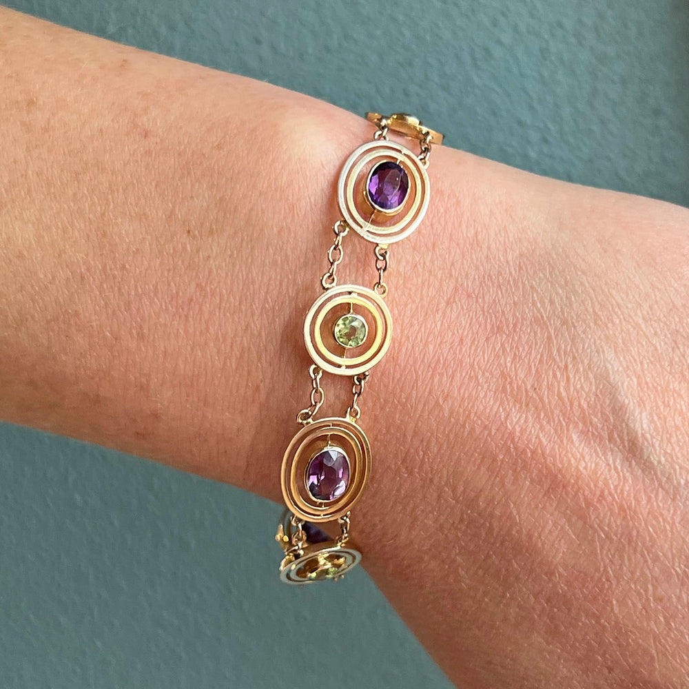 Victorian 9k Gold Suffragette Bracelet with Amethyst, Peridot, and Pearl Gold Link