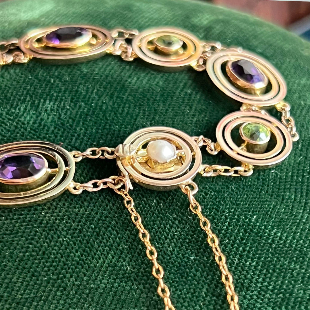 Victorian 9k Gold Suffragette Bracelet with Amethyst, Peridot, and Pearl Gold Link