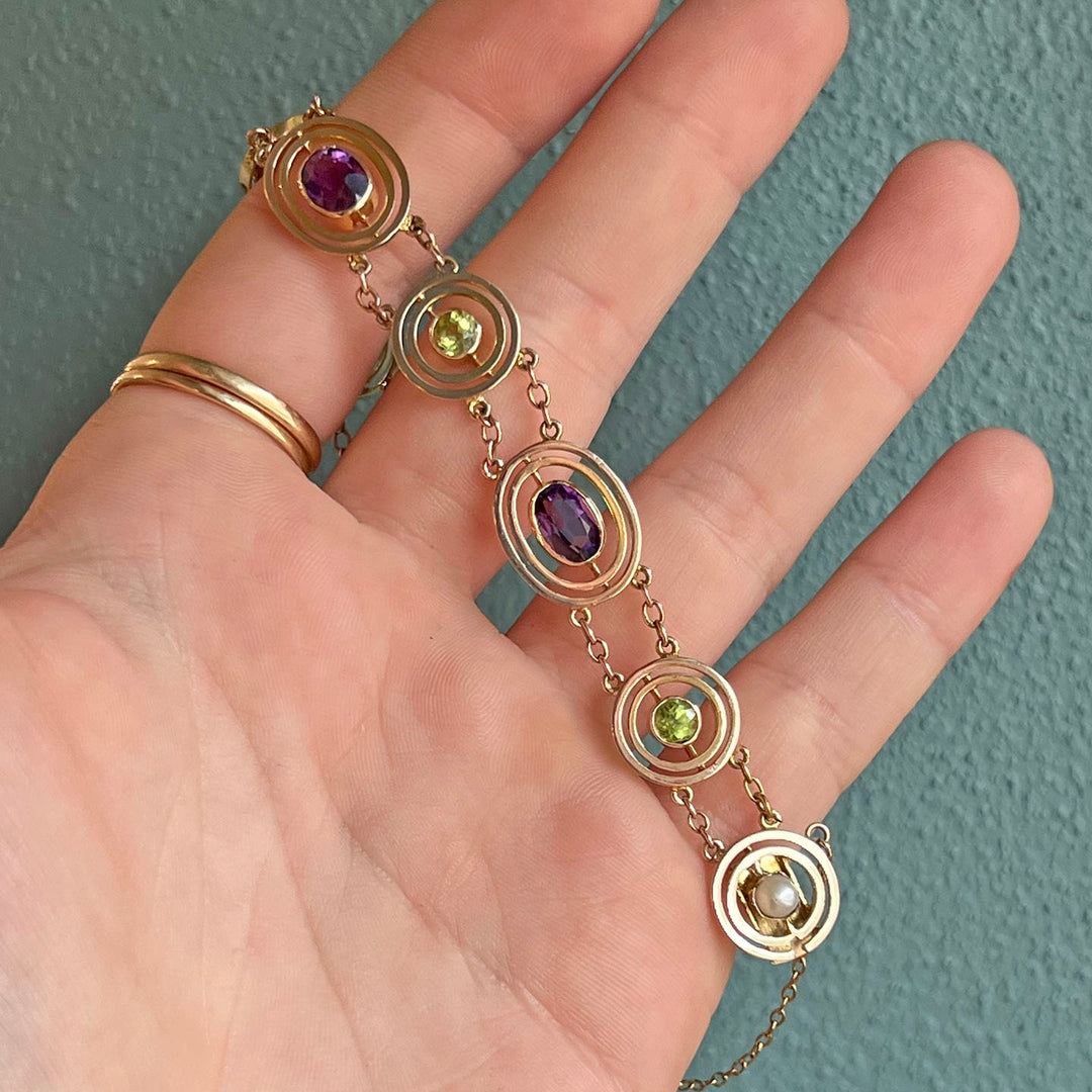 Victorian 9k Gold Suffragette Bracelet with Amethyst, Peridot, and Pearl Gold Link