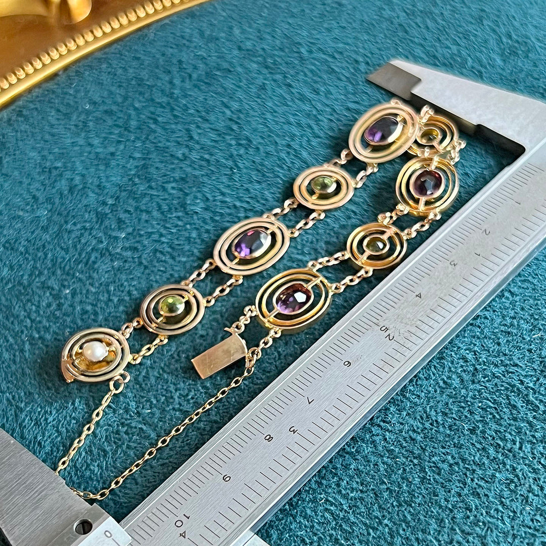 Victorian 9k Gold Suffragette Bracelet with Amethyst, Peridot, and Pearl Gold Link