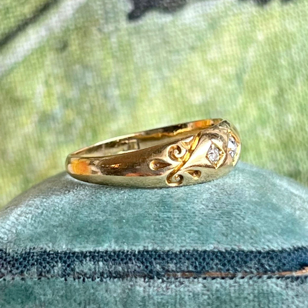 Victorian Diamond 18k Gold Band Ring Gypsy Set 3 Stone Birmingham 1897