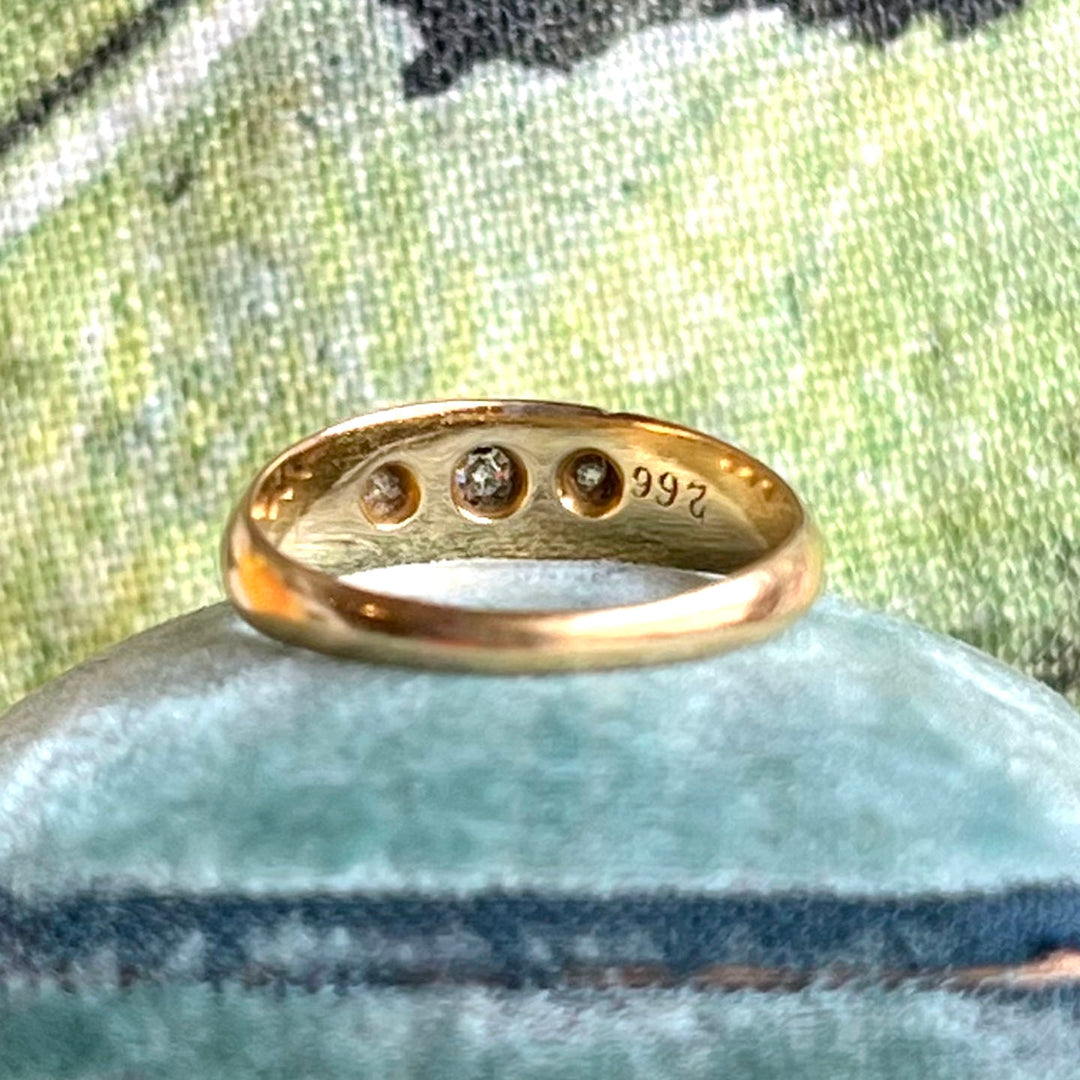 Victorian Diamond 18k Gold Band Ring Gypsy Set 3 Stone Birmingham 1897