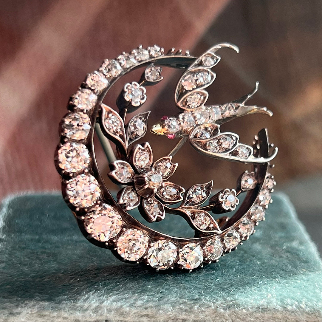 Victorian Diamond Bird and Crescent Brooch, 15k Gold and Silver c. 1870
