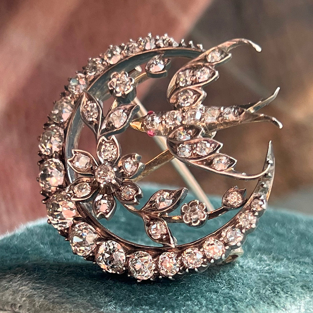 Victorian Diamond Bird and Crescent Brooch, 15k Gold and Silver c. 1870
