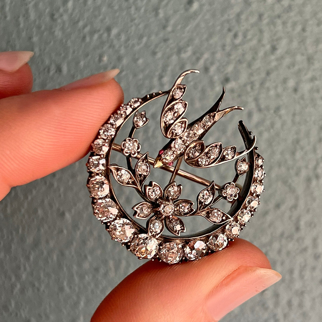 Victorian Diamond Bird and Crescent Brooch, 15k Gold and Silver c. 1870
