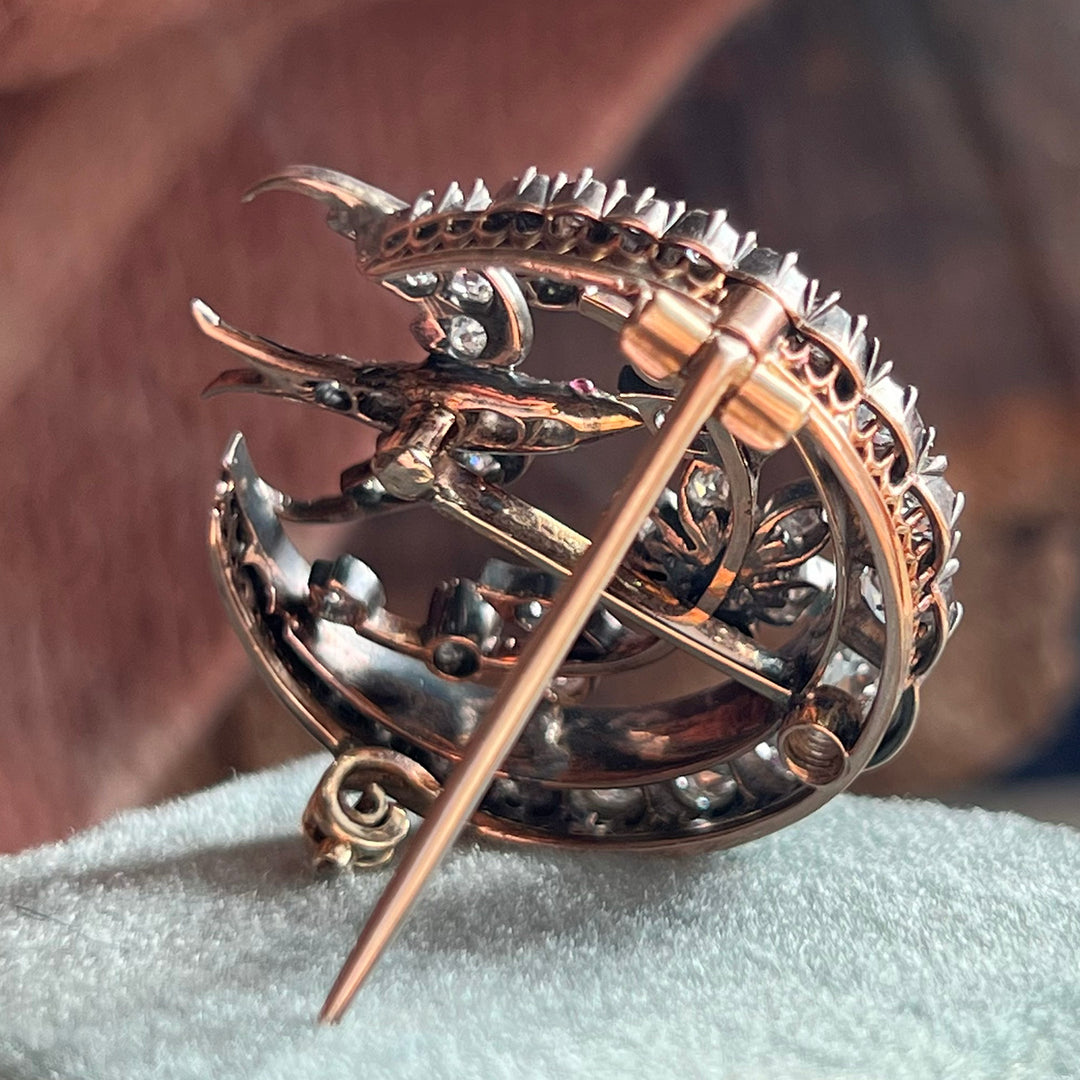 Victorian Diamond Bird and Crescent Brooch, 15k Gold and Silver c. 1870