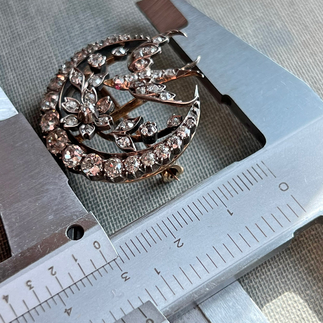 Victorian Diamond Bird and Crescent Brooch, 15k Gold and Silver c. 1870