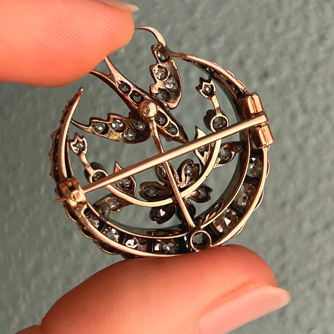 Victorian Diamond Bird and Crescent Brooch, 15k Gold and Silver c. 1870