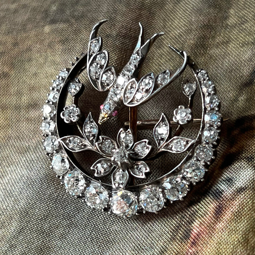 Victorian Diamond Bird and Crescent Brooch, 15k Gold and Silver c. 1870