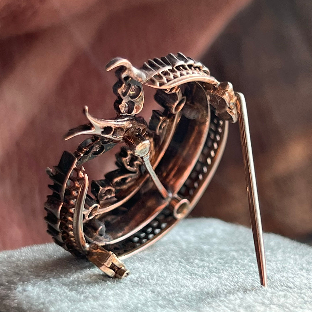 Victorian Diamond Bird and Crescent Brooch, 15k Gold and Silver c. 1870