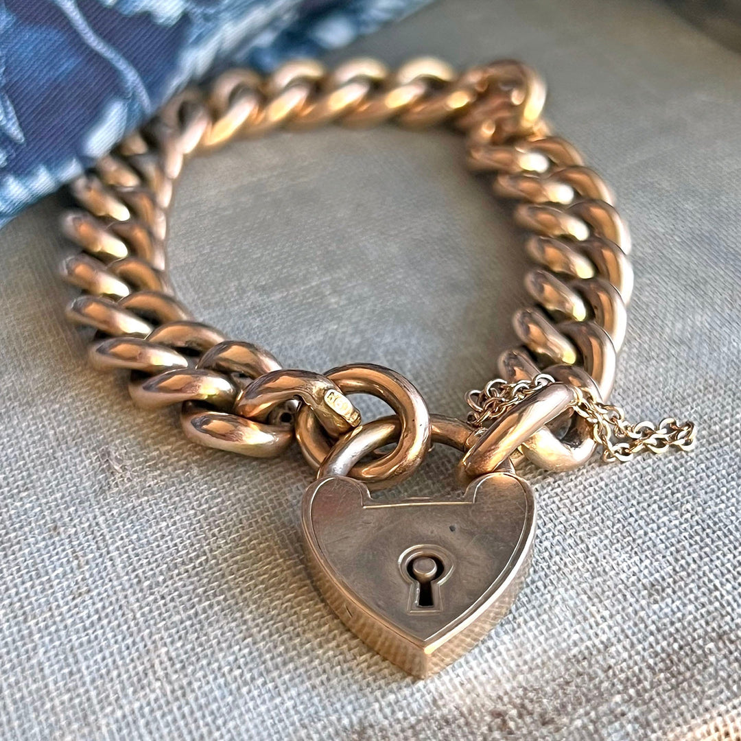 Antique Victorian gold heart padlock curb link bracelet