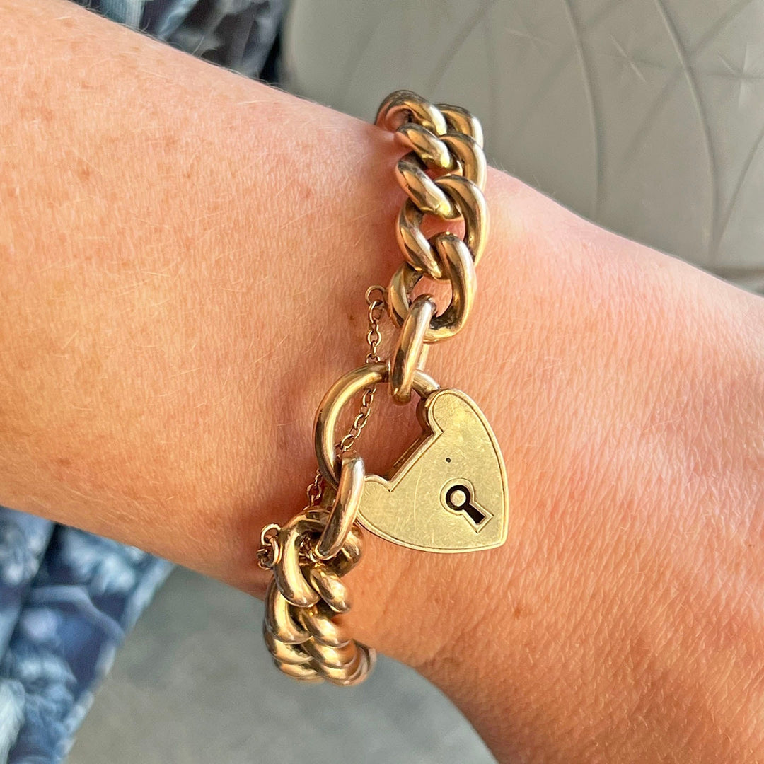 Antique Victorian gold heart padlock curb link bracelet